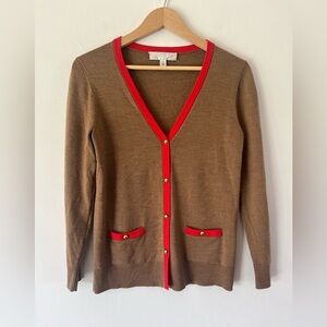 Coach Wool Tan With Red Trim Button-Up V-Neck Knit Cardigan Sweater Size Small